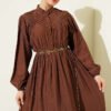Belted Ribbed Dress Brown en gros dress view 2 - Hicabistan usine Turquie