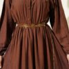 Belted Ribbed Dress Brown en gros dress view 4 - Hicabistan usine Turquie