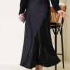 Elastic Waist Satin Flared Skirt Black