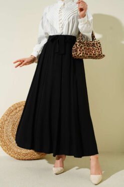 Belted Lace Trim Skirt Black wholesale skirt - Hicabistan Turkey factory