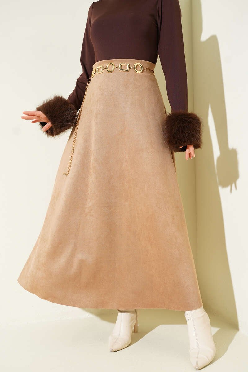 Belted Suede Flared Skirt Camel بالجملة skirt - Hicabistan مصنع تركيا