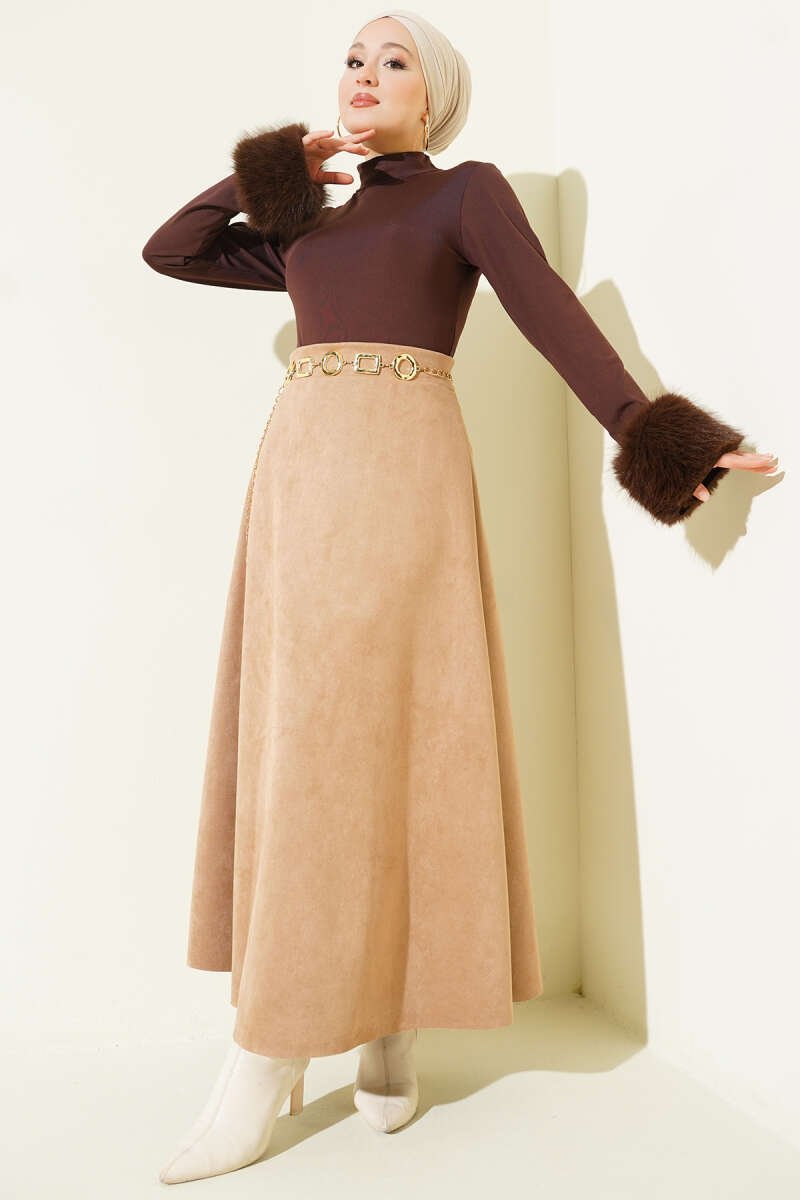 Belted Suede Flared Skirt Camel بالجملة skirt view 2 - Hicabistan مصنع تركيا