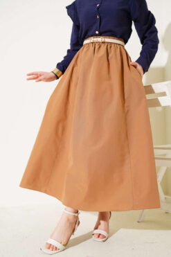 Elastic Waist Terikoton Skirt Camel wholesale skirt - Hicabistan Turkey factory
