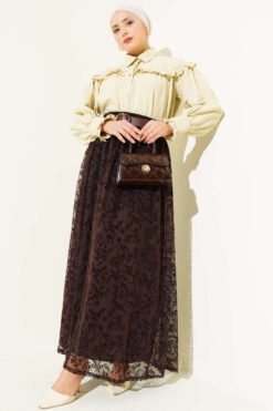 Elastic Waist Tulle Floral Skirt Brown wholesale skirt view 2 - Hicabistan Turkey factory