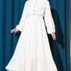 Waist Elastic Half Brit Button Dress White