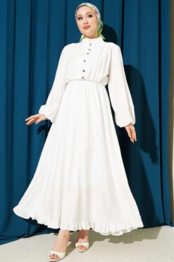 Waist Elastic Half Brit Button Dress White