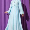 Waist Elastic Half Brit Button Dress Blue