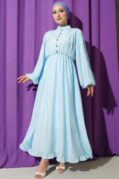 Waist Elastic Half Brit Button Dress Blue