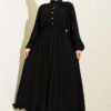 Waist Elastic Half Brit Button Dress Black