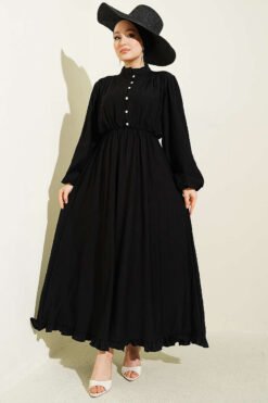 Waist Elastic Half Brit Button Dress Black