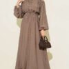 Waist Elastic Half Brit Button Dress Mink