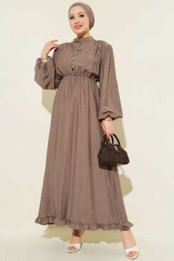 Waist Elastic Half Brit Button Dress Mink