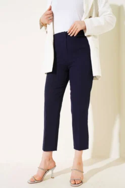 High-Waisted Slim Fit Fabric Trousers Navy Blue