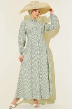 Button-Up Striped Dress with Belt Khaki