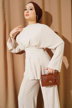 Belted Self-Tie Set Stone wholesale clothing set view 2 - Hicabistan Turkey factory