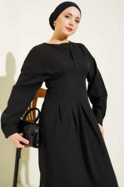 Belted Drape Dress Black wholesale dress view 2 - Hicabistan Turkey factory