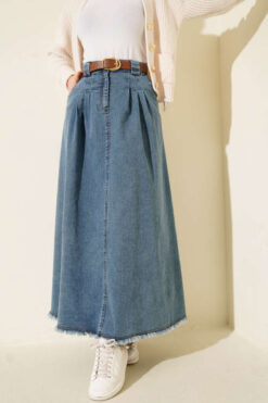 Belted Denim Skirt with Pleated Detail Blue en gros skirt - Hicabistan usine Turquie