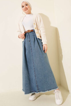 Belted Denim Skirt with Pleated Detail Blue en gros skirt view 2 - Hicabistan usine Turquie