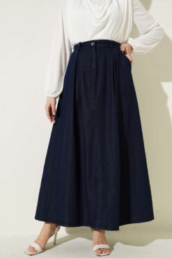 Pleated Pocket Denim Skirt Navy Blue