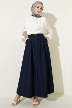 Alternatieve weergave van Pleated Pocket Denim Skirt Navy Blue