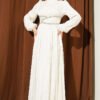 Belted Embellished Gathered Evening Dress Ecru