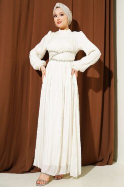 Belted Embellished Gathered Evening Dress Ecru
