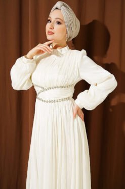 Vista alternativa di Belted Embellished Gathered Evening Dress Ecru