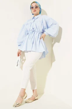 Belted Gathered Detail Shirt wholesale shirt view 2 - Hicabistan Turkey factory