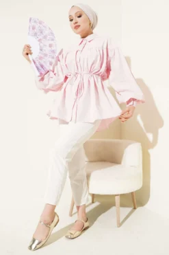 Belted Gathered Detail Shirt Pink wholesale shirt view 2 - Hicabistan Turkey factory
