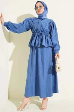 Belted Pleated Tencel Skirt Set Indigo