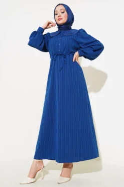 Belted Peter Pan Collar Dress Navy Blue