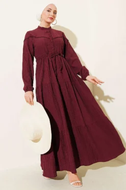 Belted Buttoned Tree Bark Dress Plum all'ingrosso dress view 2 - Hicabistan fabbrica Turchia