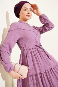 Belted Buttoned Tree Bark Dress all'ingrosso dress view 2 - Hicabistan fabbrica Turchia