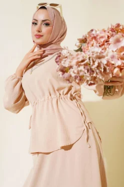 Alternative view of Belted Tunic with Skirt Two-Piece Set Beige