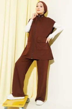 Vista alternativa de Belted Zippered Vest Set Brown
