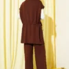 Belted Zippered Vest Set Brown groothandel clothing set view 3 - Hicabistan Turkije fabriek