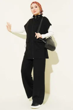 Belted Zippered Vest Set Black