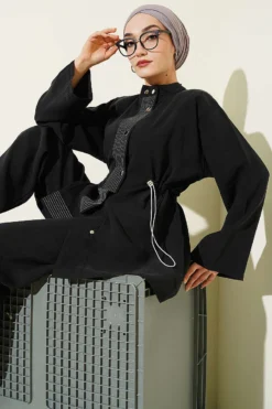 Belted Tulle Elastic Snap Modal Two-Piece Set Black wholesale clothing set - Hicabistan Turkey factory