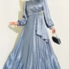 Beaded Side Gathered Evening Dress Blue