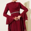 Belted Chiffon Evening Dress Burgundy groothandel dress view 2 - Hicabistan Turkije fabriek