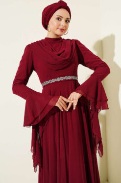 Belted Chiffon Evening Dress Burgundy Großhandel dress view 2 - Hicabistan Türkei Fabrik