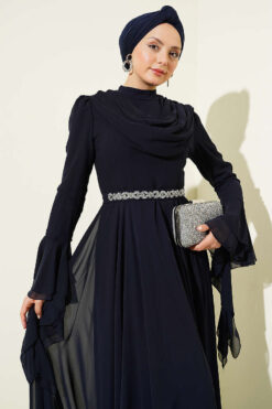 Belted Chiffon Evening Dress Navy Blue Großhandel dress view 2 - Hicabistan Türkei Fabrik