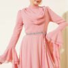 Belted Chiffon Evening Dress Powder Pink wholesale dress view 2 - Hicabistan Turkey factory