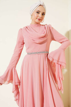 Belted Chiffon Evening Dress Powder Pink Großhandel dress view 2 - Hicabistan Türkei Fabrik