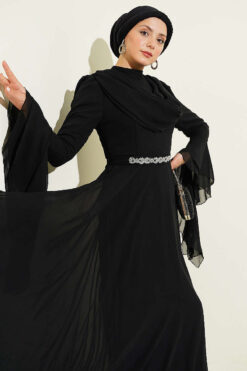Belted Chiffon Evening Dress Black Großhandel dress view 2 - Hicabistan Türkei Fabrik