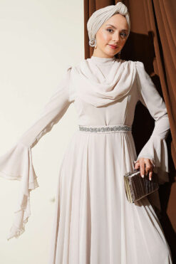 Belted Chiffon Evening Dress Stone Großhandel dress view 2 - Hicabistan Türkei Fabrik