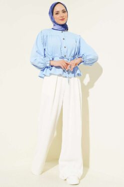 Vista alternativa di Belted Ankle-Elastic Short Shirt Blue