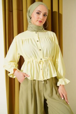 Belted Ankle-Elastic Short Shirt Yellow
