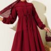 Belted Buttoned Tree Bark Dress Burgundy Großhandel dress view 2 - Hicabistan Türkei Fabrik