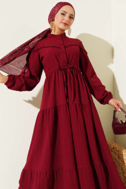 Belted Buttoned Tree Bark Dress Burgundy all'ingrosso dress view 2 - Hicabistan fabbrica Turchia